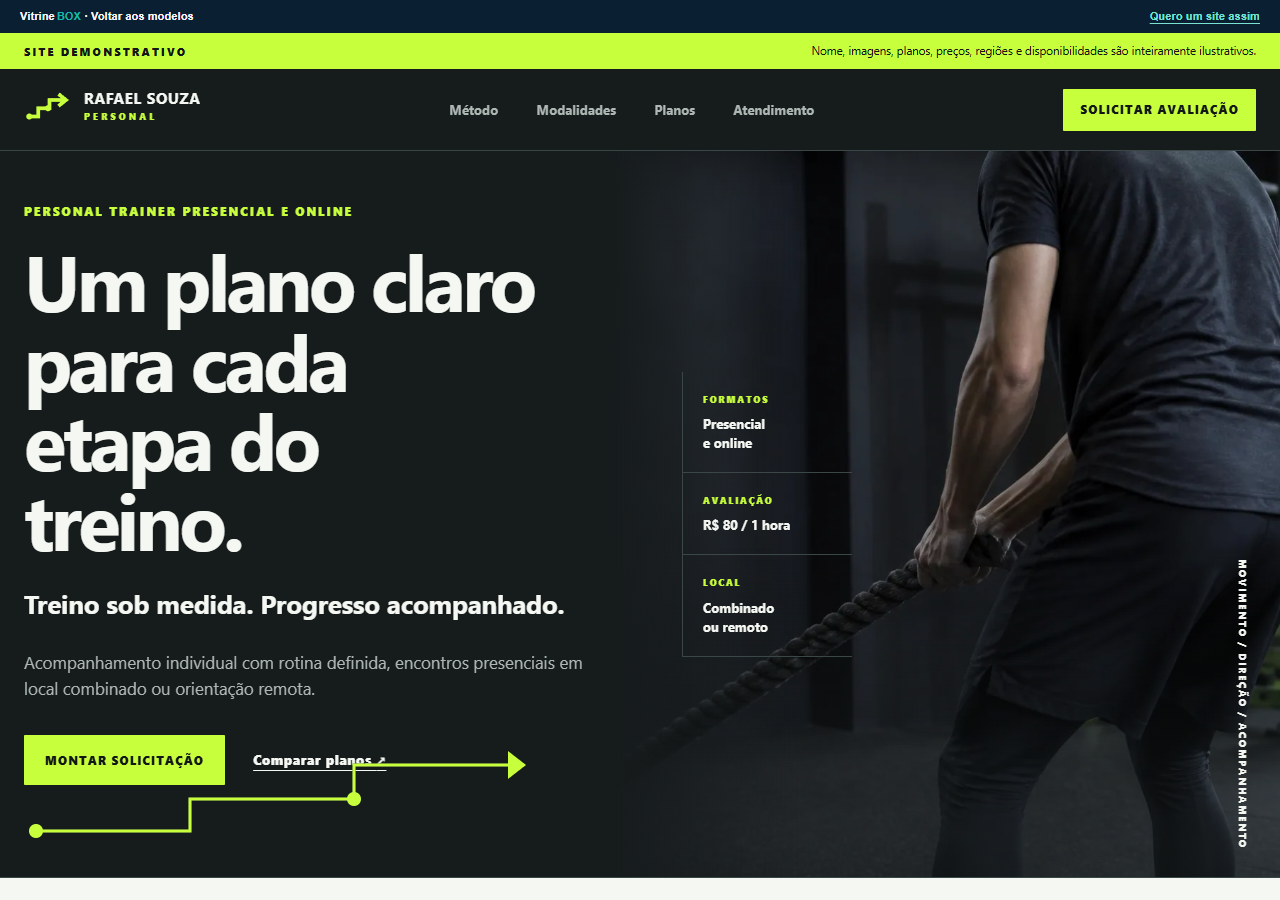 Página do demo Rafael Souza Personal, com apresentação do treino e imagem esportiva