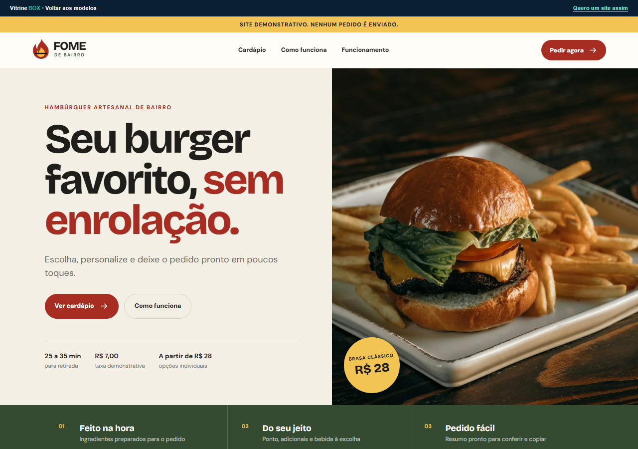 Página do demo Fome de Bairro, com cardápio e foto de hambúrguer artesanal